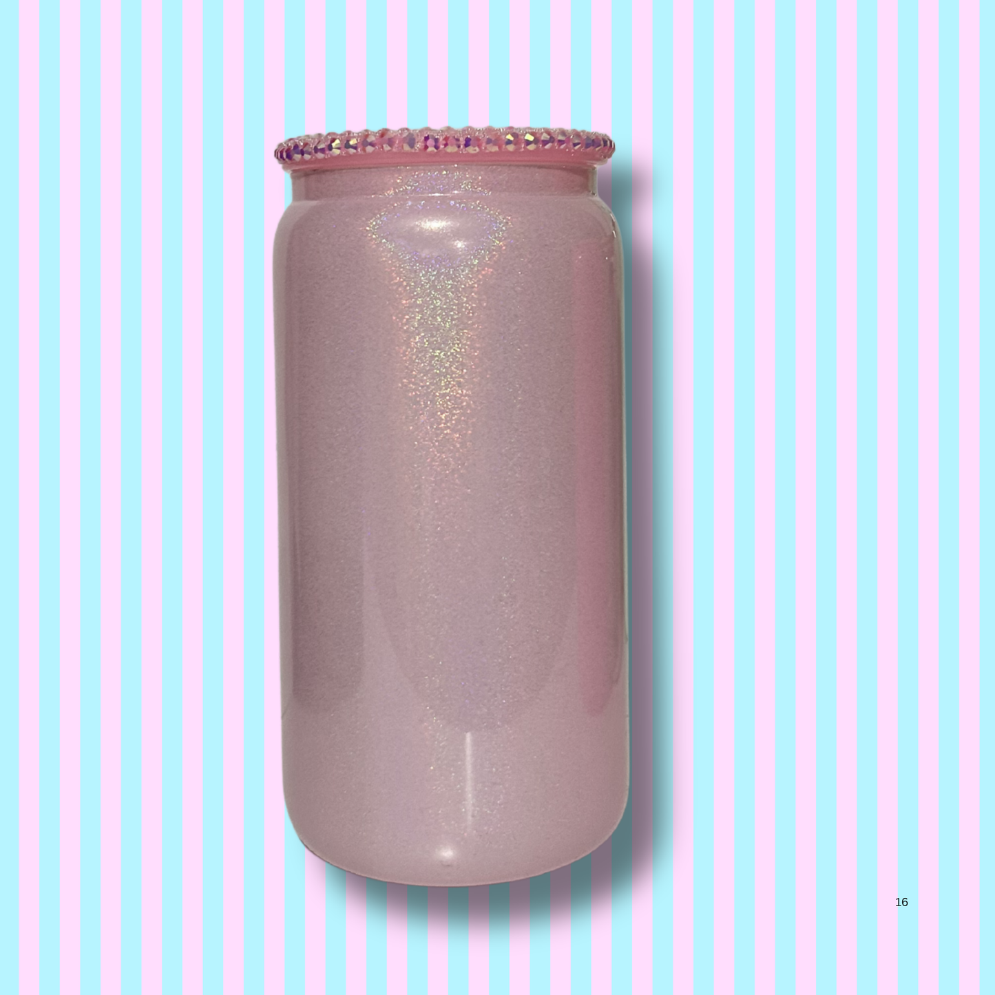 16oz Shimmer Glass Tumbler with Bling Lid and Coloured Plastic Straw