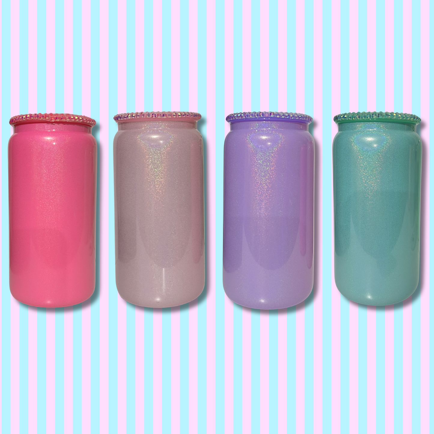16oz Shimmer Glass Tumbler with Bling Lid and Coloured Plastic Straw